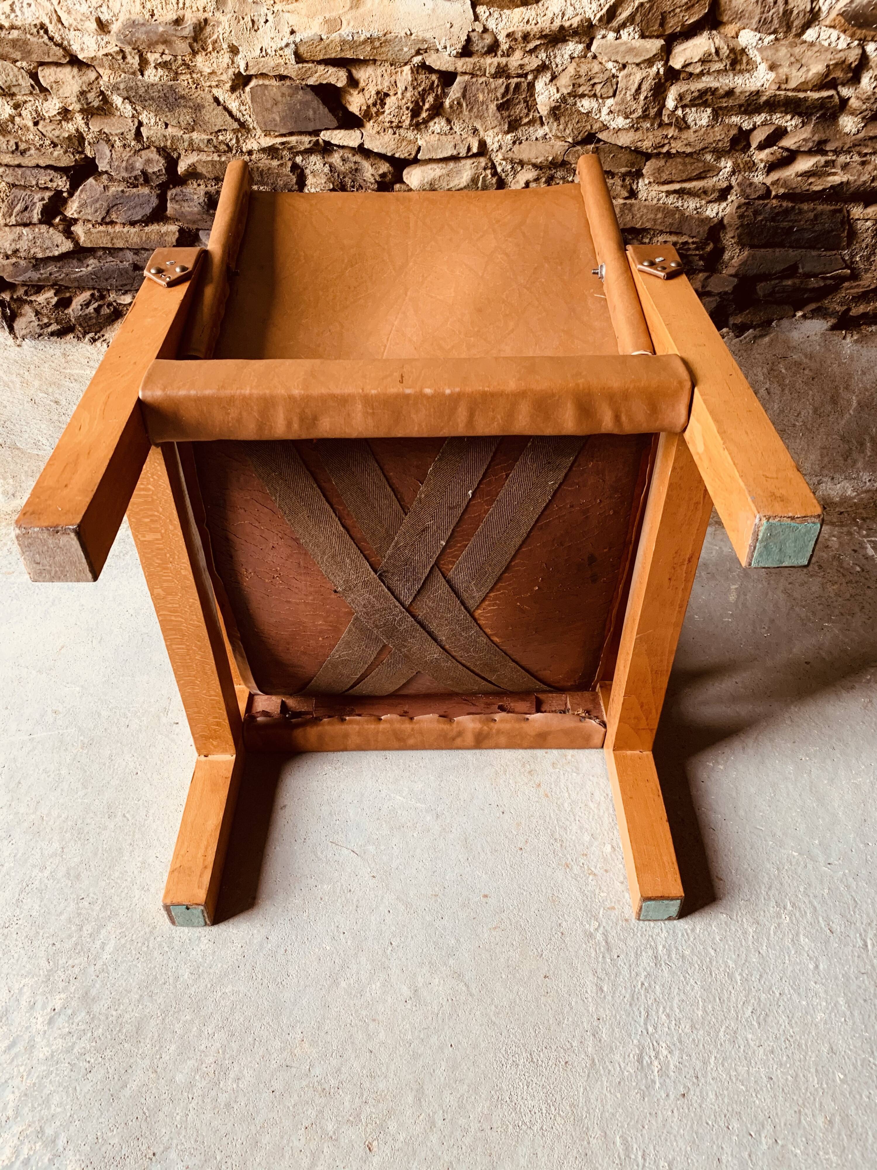 Safari armchair in wood and leather -1950's