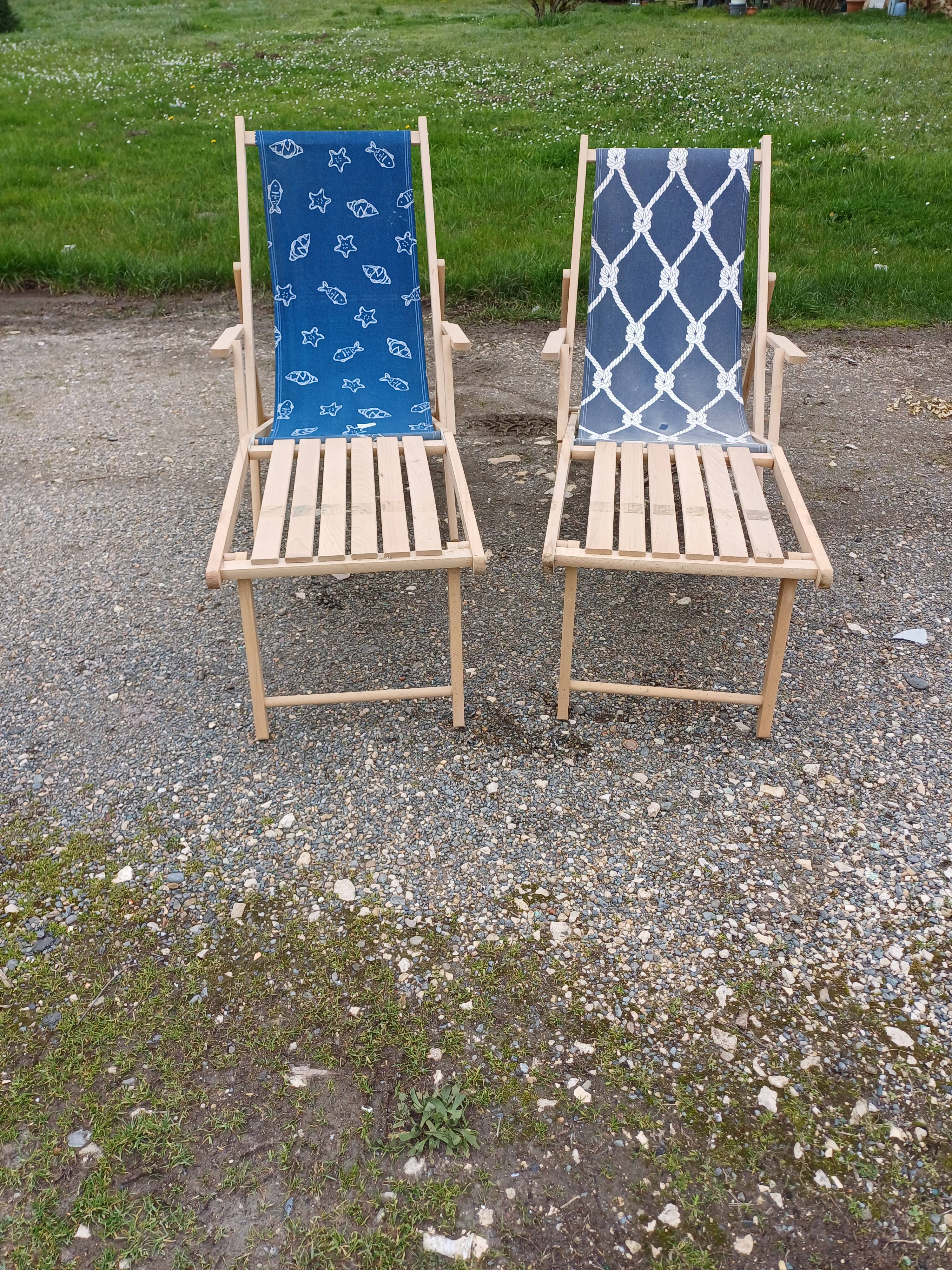 Pair of wood and fabric long chairs