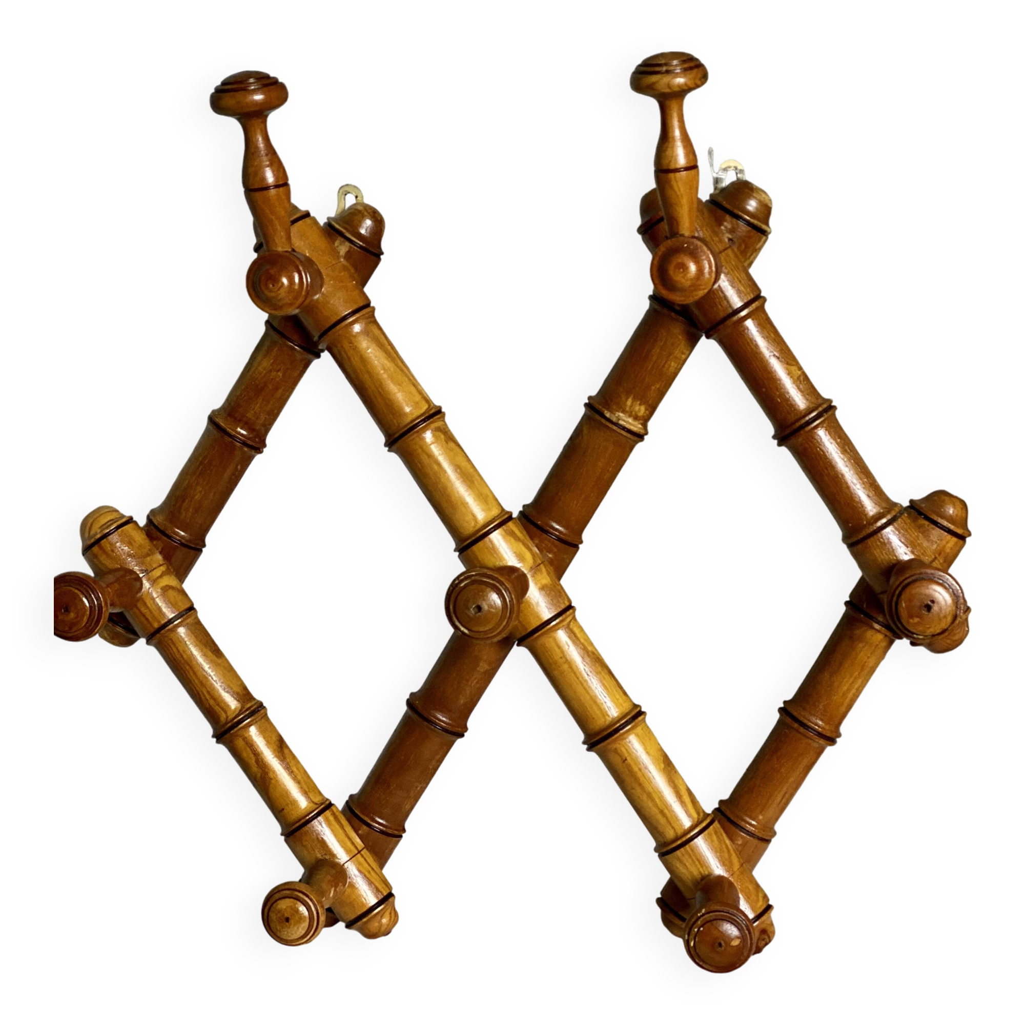 19th century turned wood accordion coat rack.
