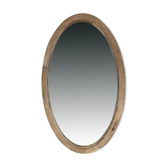 Large old oval mirror with beige patina wooden frame early 20th century