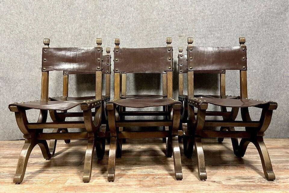 Set of 6 Renaissance style chairs in solid wood and leather, 19th century, circa 1850