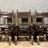 Set of 6 Renaissance style chairs in solid wood and leather, 19th century, circa 1850