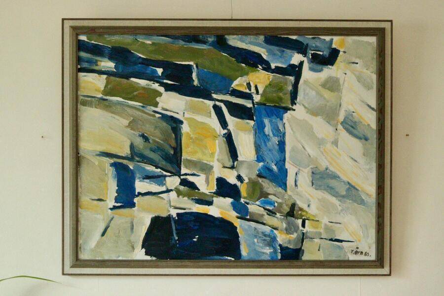Original mid-century Swedish oil on canvas – “Abstract Composition” by Tryggve Örn – vintage & framed, 52.5 × 67 cm