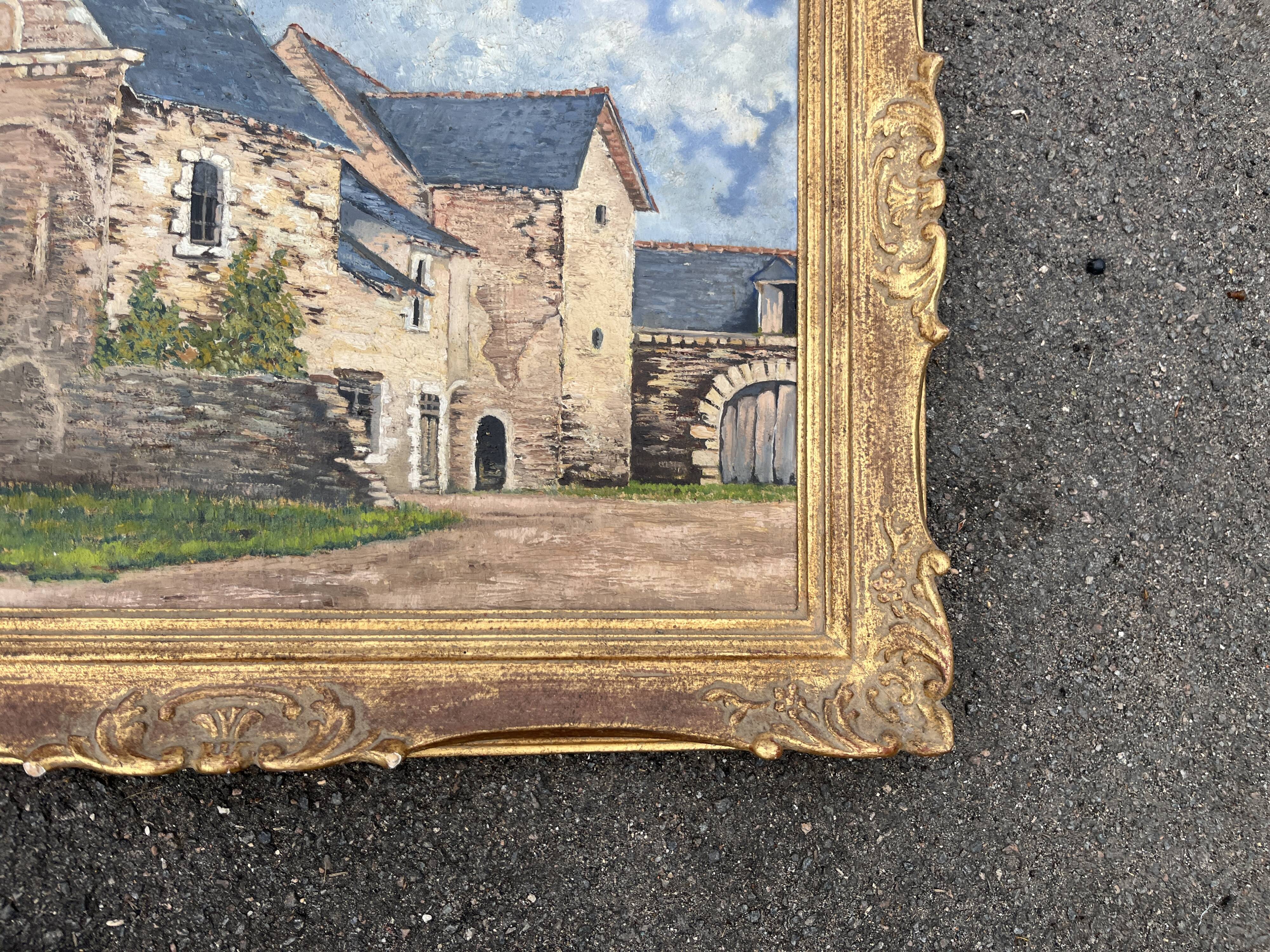 Oil painting of a Breton manor signed M. Garnier in a gilded frame - Antique