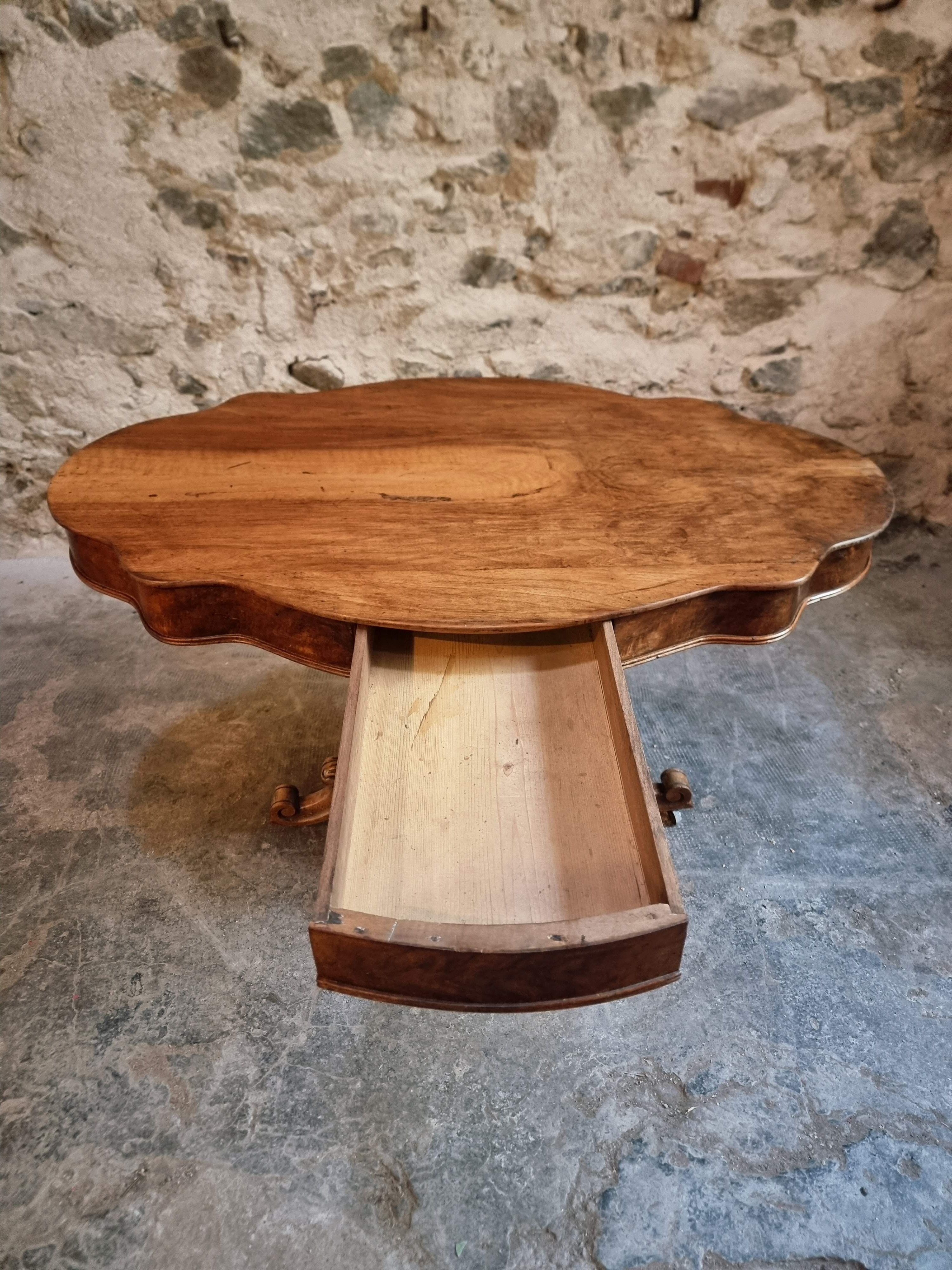 French antique walnut violin table, centre table with drawer, circa 1880–1900.