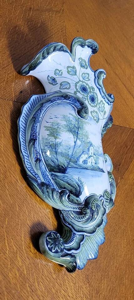 Glazed ceramic bouquetière painted with a lake landscape