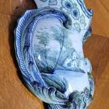 Glazed ceramic bouquetière painted with a lake landscape