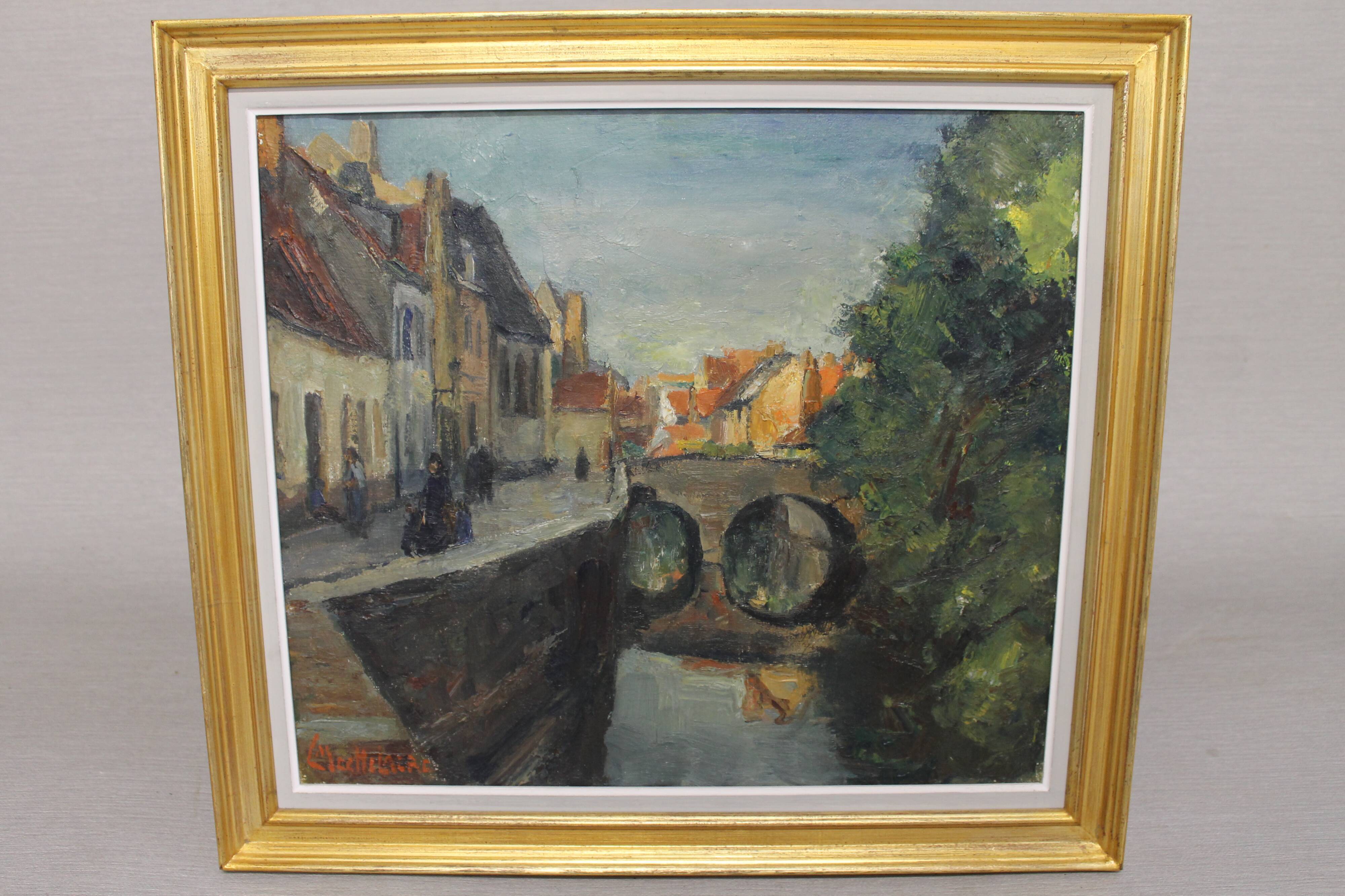 Huile sur toile de Léon Mechelaere - Canal à Bruges