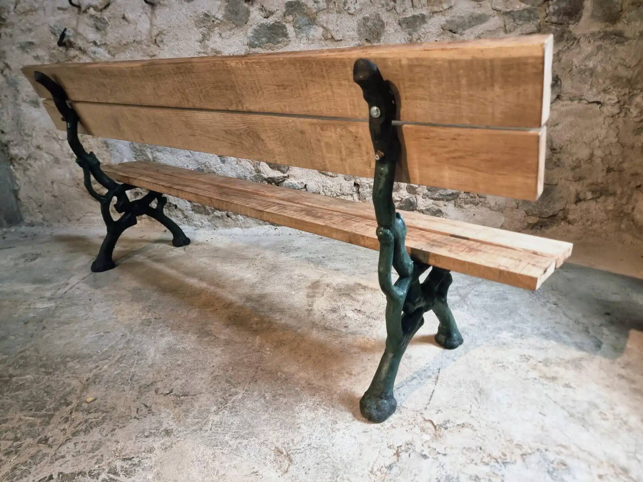 Antique French park bench in cast iron and oak – Sea green patina, 220 cm