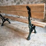 Antique French park bench in cast iron and oak – Sea green patina, 220 cm