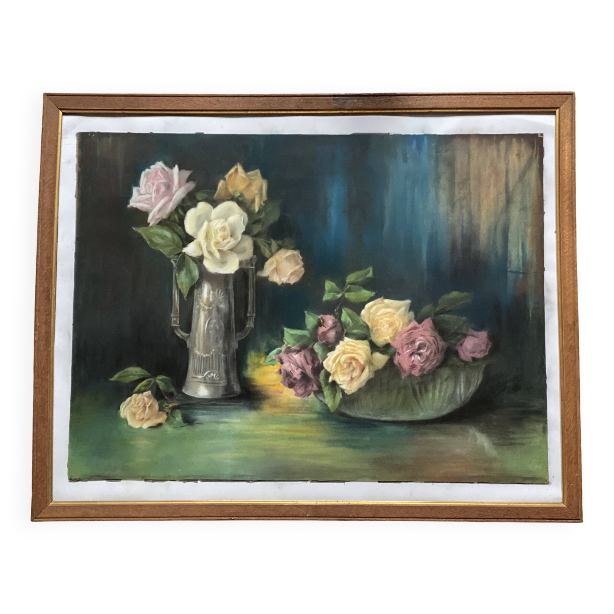 Old pastel painting, bouquets of roses, still life signed M. Legendre