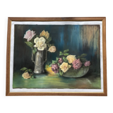 Tableau au pastel ancien, bouquets de roses, nature morte signée M. Legendre