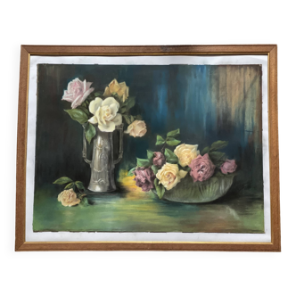 Old pastel painting, bouquets of roses, still life signed M. Legendre