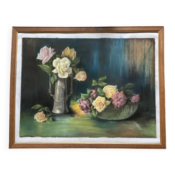 Tableau au pastel ancien, bouquets de roses, nature morte signée M. Legendre