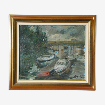 Tableau Expressionniste Bateaux Quais de Seine Paris HST Pierre Gogois