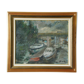 Tableau Expressionniste Bateaux Quais de Seine Paris HST Pierre Gogois