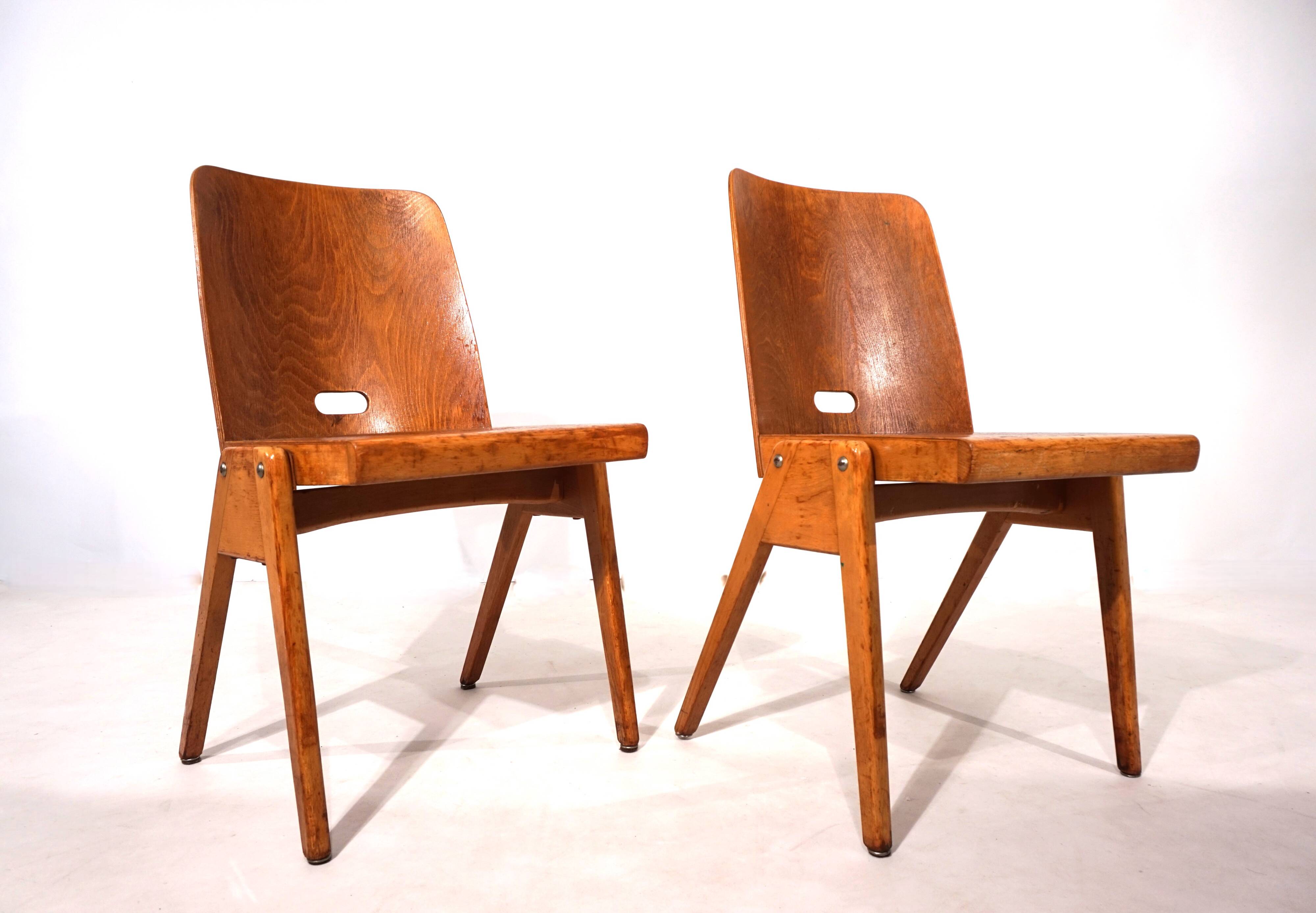 Set of two stackable plywood dining chairs, 1960