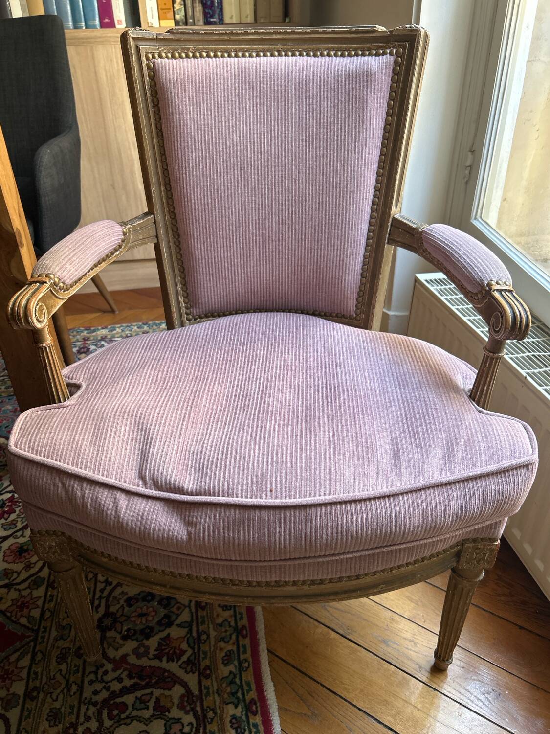 pair of antique Louis XVI style armchairs, in carved wood with a