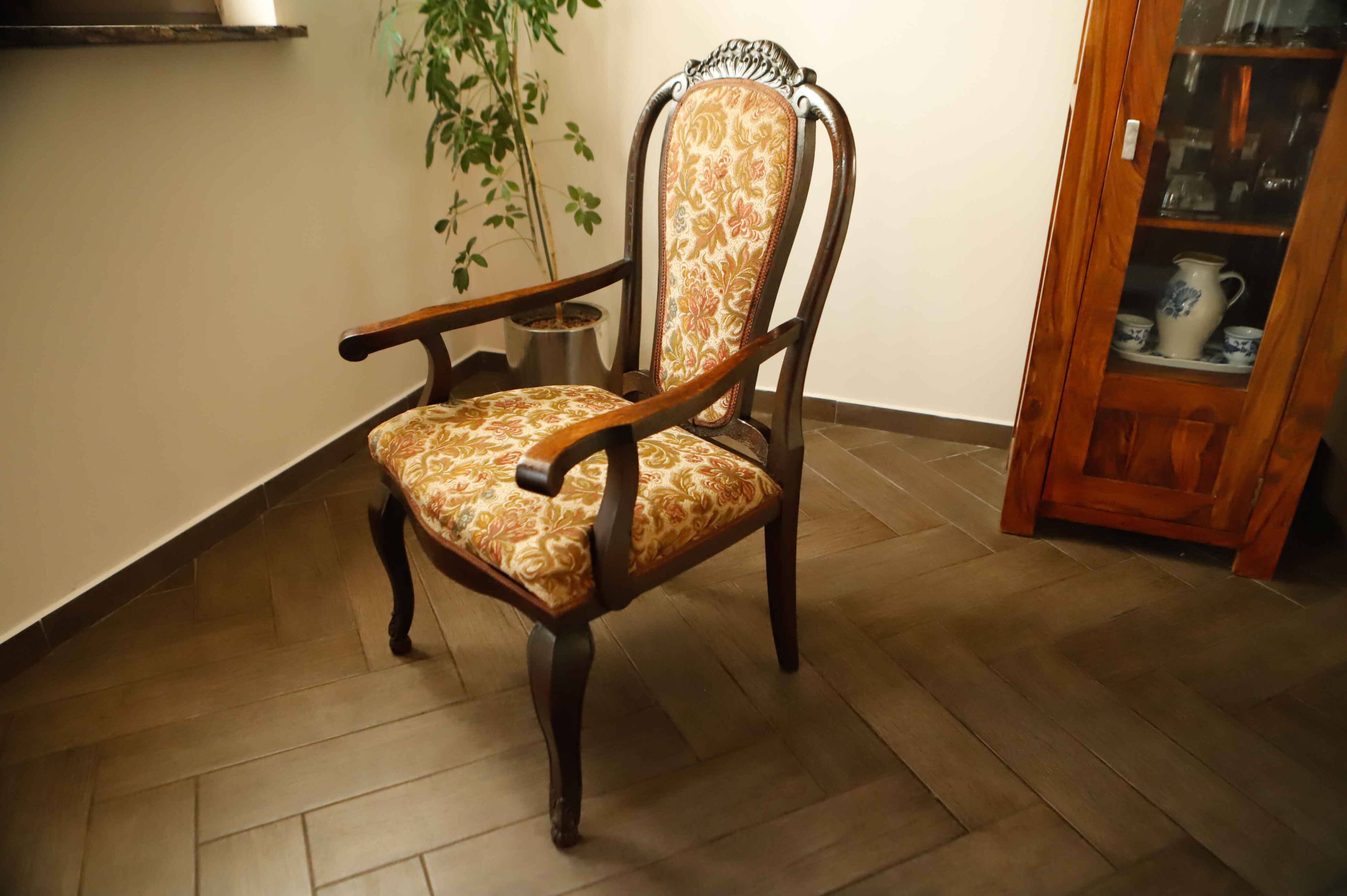 Antique Queen Anne Revival Carver Armchair with Floral Tapestry Upholstery