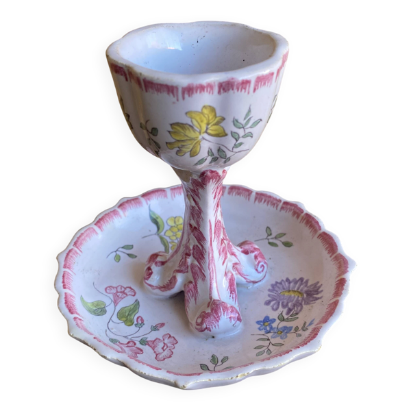 Coquetier Ancien Sur Pied Céramique Décor Fleurs Rose Vintage #D984
