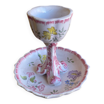 Coquetier Ancien Sur Pied Céramique Décor Fleurs Rose Vintage #D984