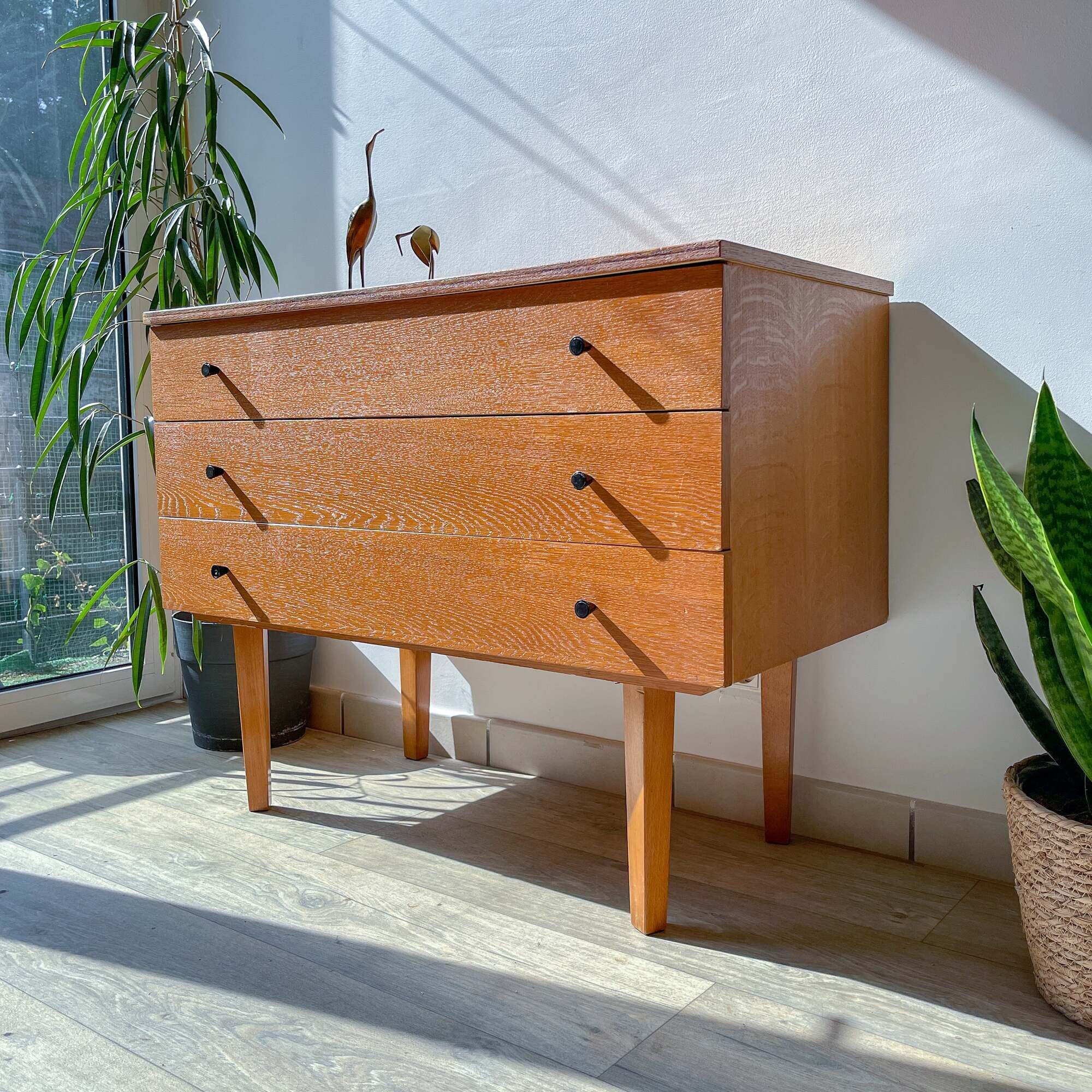 Vintage Scandinavian commode from the 1950s – Wooden furniture with 3 drawers, Nordic furniture, retro storage.