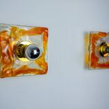 Pair of square wall lights by Murano Mazzega in orange frosted glass, Italy, 1970