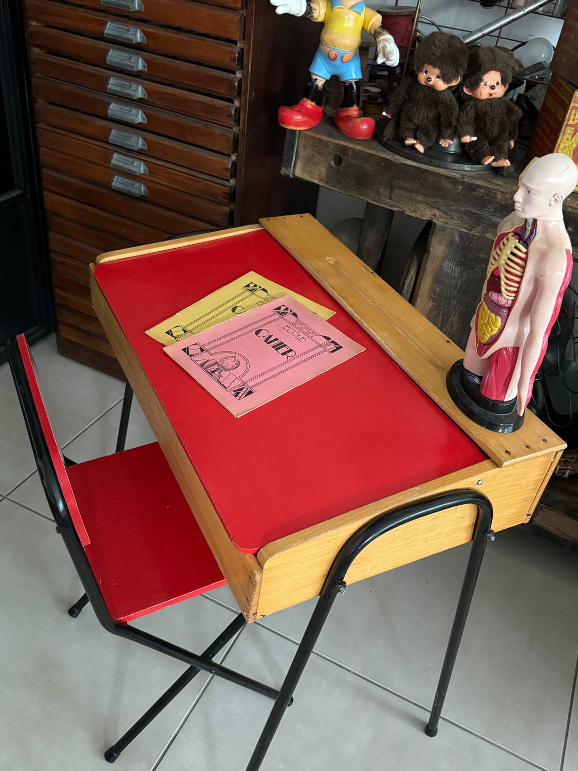 Vintage red children's desk and chair set