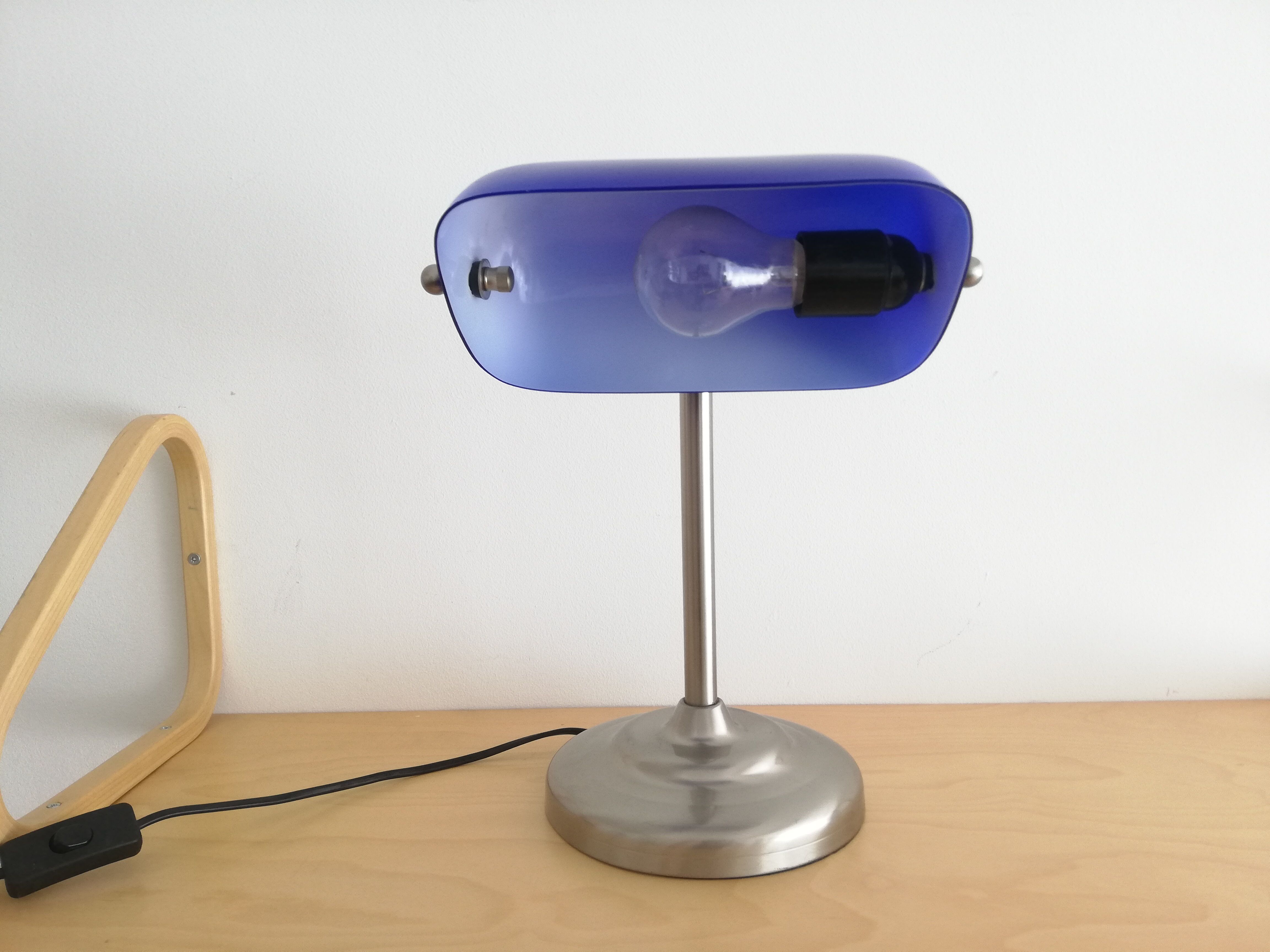 Blue glass and brass bankers lamp