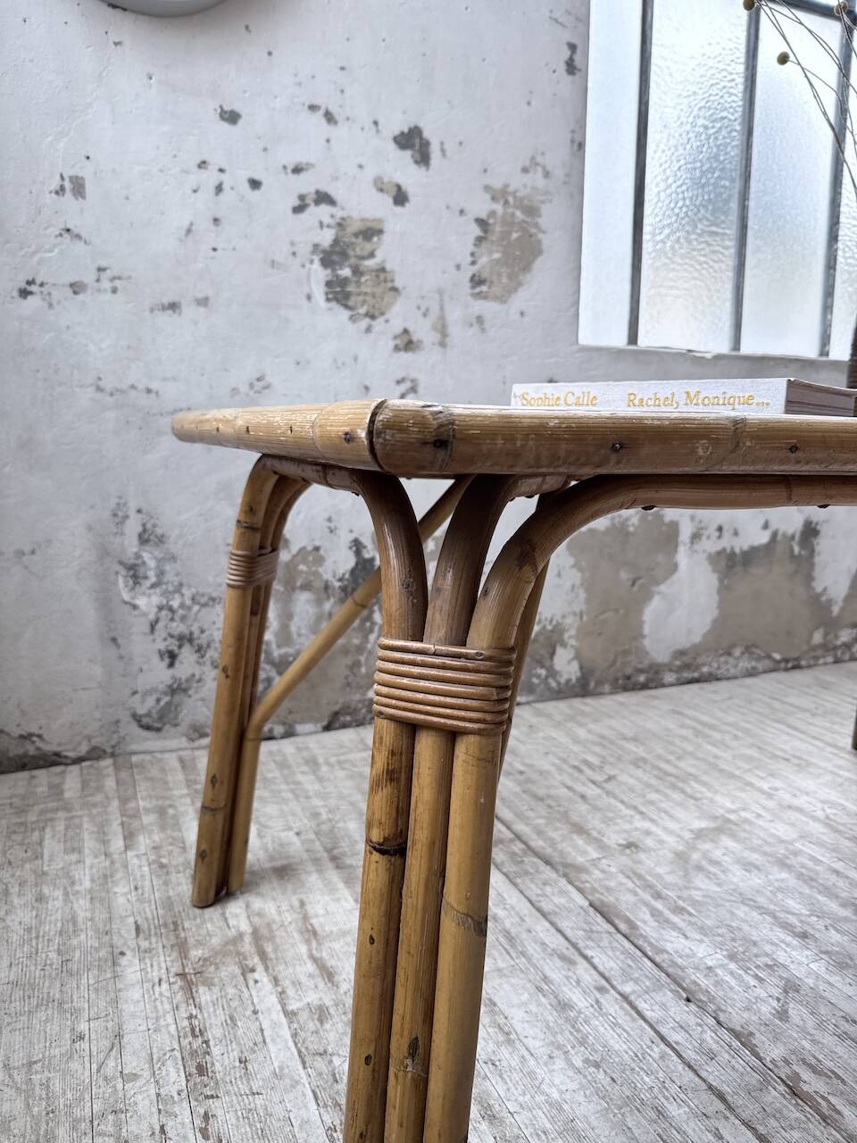 1950s rattan table with ceramic top