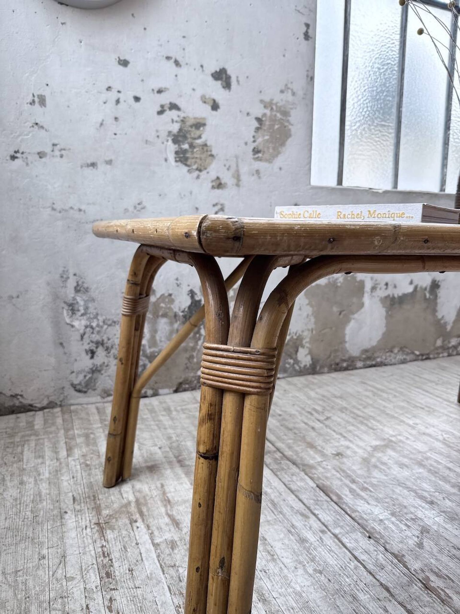 1950s rattan table with ceramic top