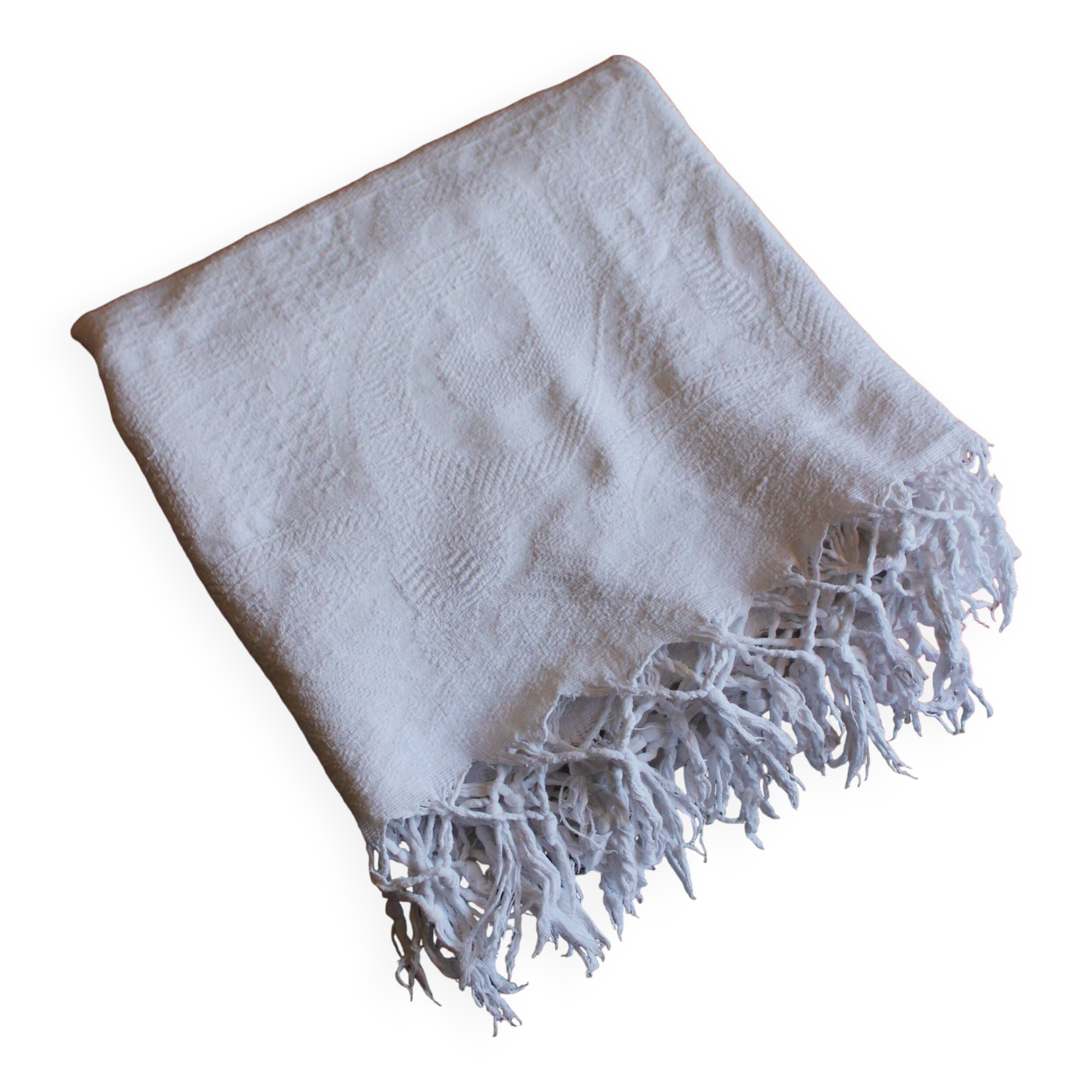 Plaid ancien blanc franges broderies ajourées