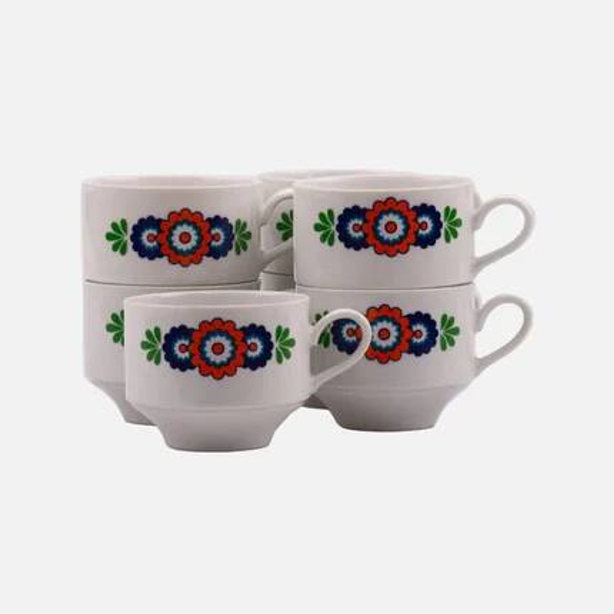 7 white porcelain cups from Winterling with coloured patterns.