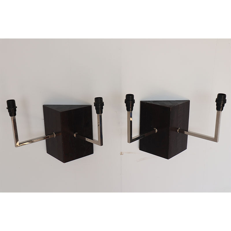 Pair of wall sconces in oak and chromed metal