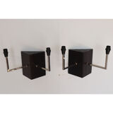Pair of wall sconces in oak and chromed metal