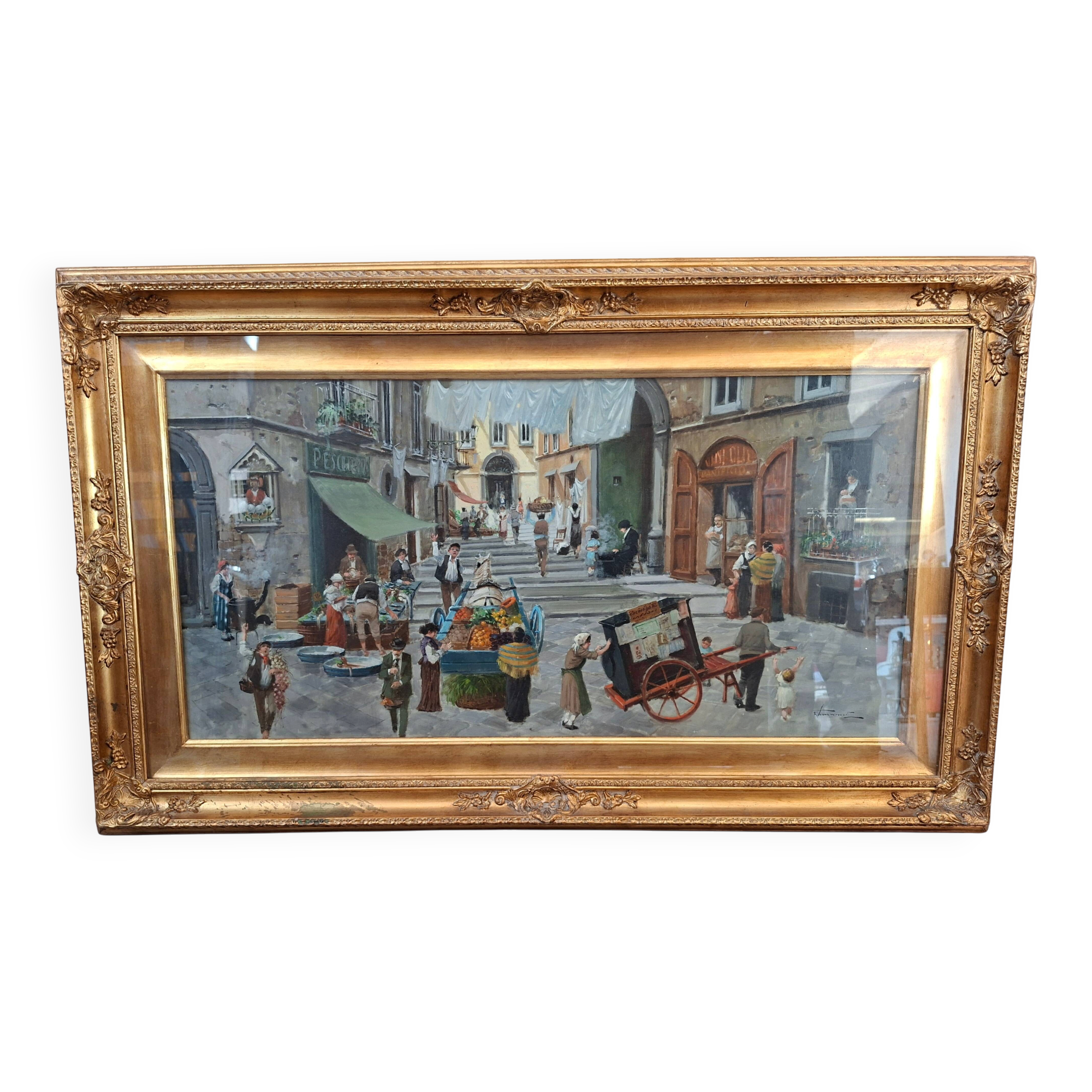 Dipinto a Olio di Francesco Tammaro Scena di Mercato Napoletana 80x130 cm