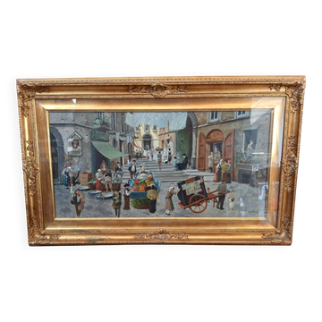 Dipinto a Olio di Francesco Tammaro Scena di Mercato Napoletana 80x130 cm