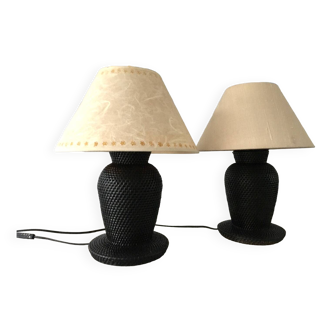 Paire lampes vintage rotin tressé  noir  années 70