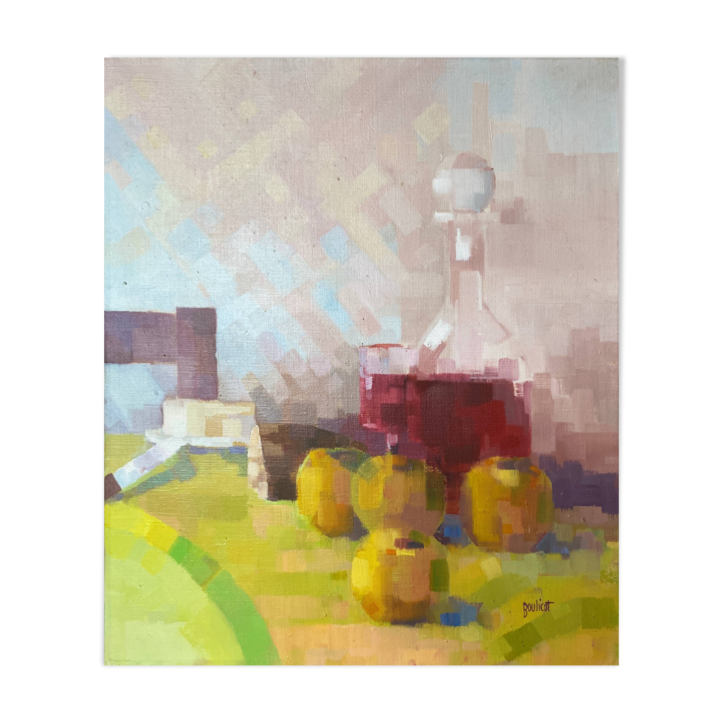 HST painting "Still life with pomes and carafe" signed Boulicot Modern Art (XX°)