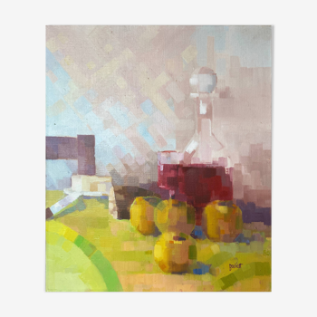 HST painting "Still life with pomes and carafe" signed Boulicot Modern Art (XX°)