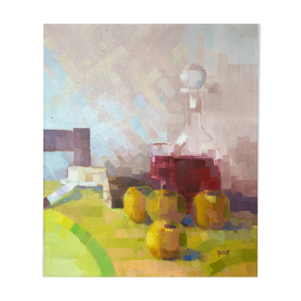 Tableau HST "Nature morte aux pomes et carafe" signé Boulicot Art moderne (XX°)