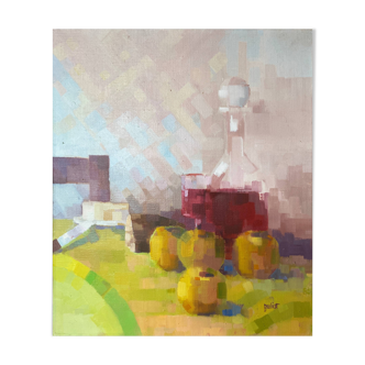 HST painting "Still life with pomes and carafe" signed Boulicot Modern Art (XX°)
