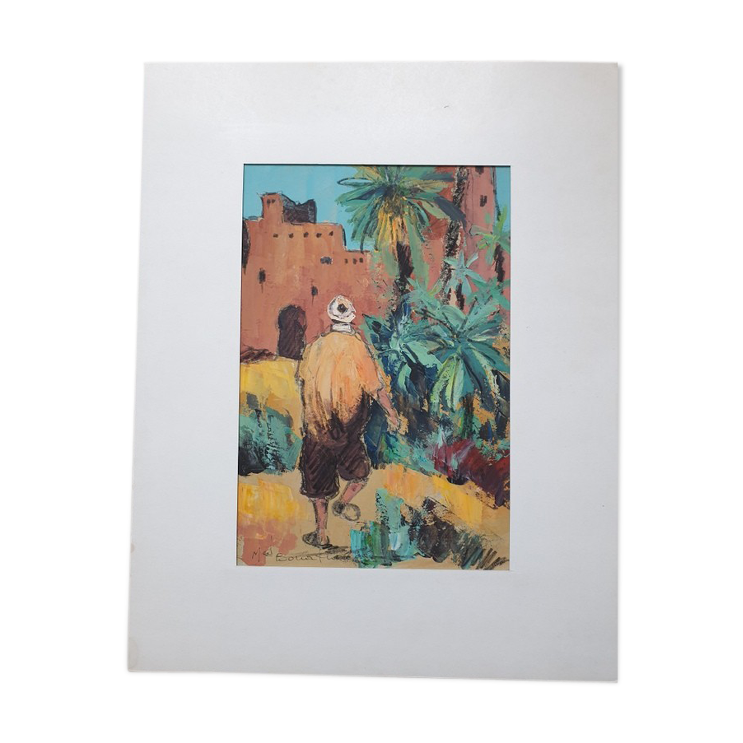 Gouache on paper, character in Morocco, Mohamed Bouafia