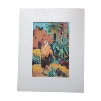 Gouache sur papier, personnage au Maroc, Mohamed Bouafia