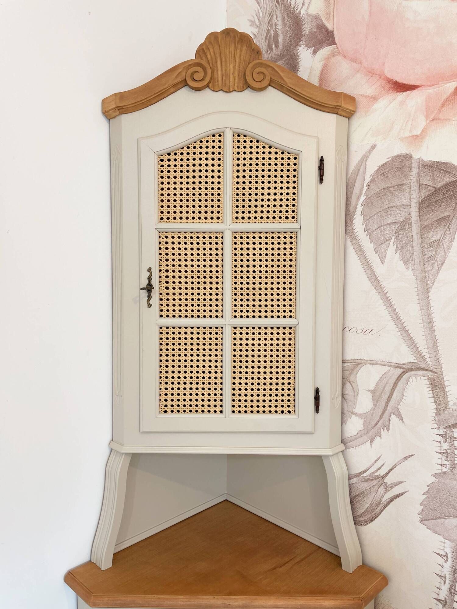 Corner unit in 2 parts, grey/beige and cane work.