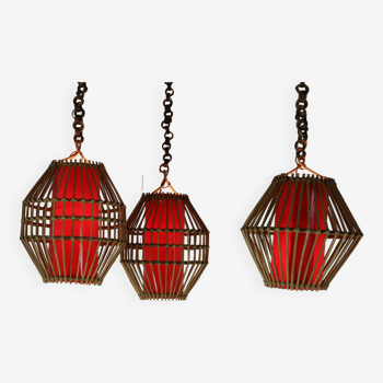 Set of three handmade vintage rattan and bamboo pendant ligthing