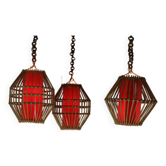 Set of three handmade vintage rattan and bamboo pendant ligthing