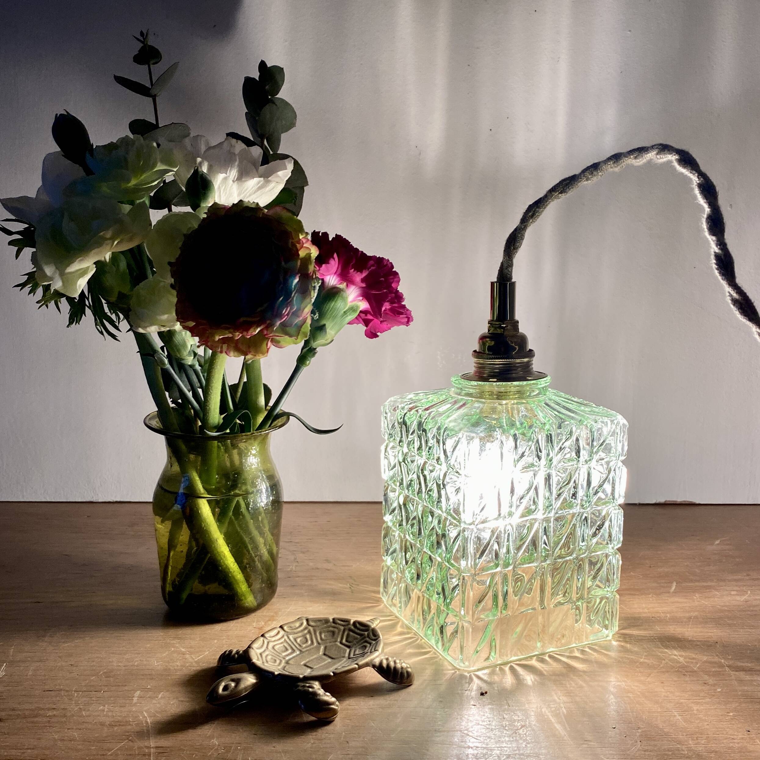 Vintage globe pendant light in green molded glass