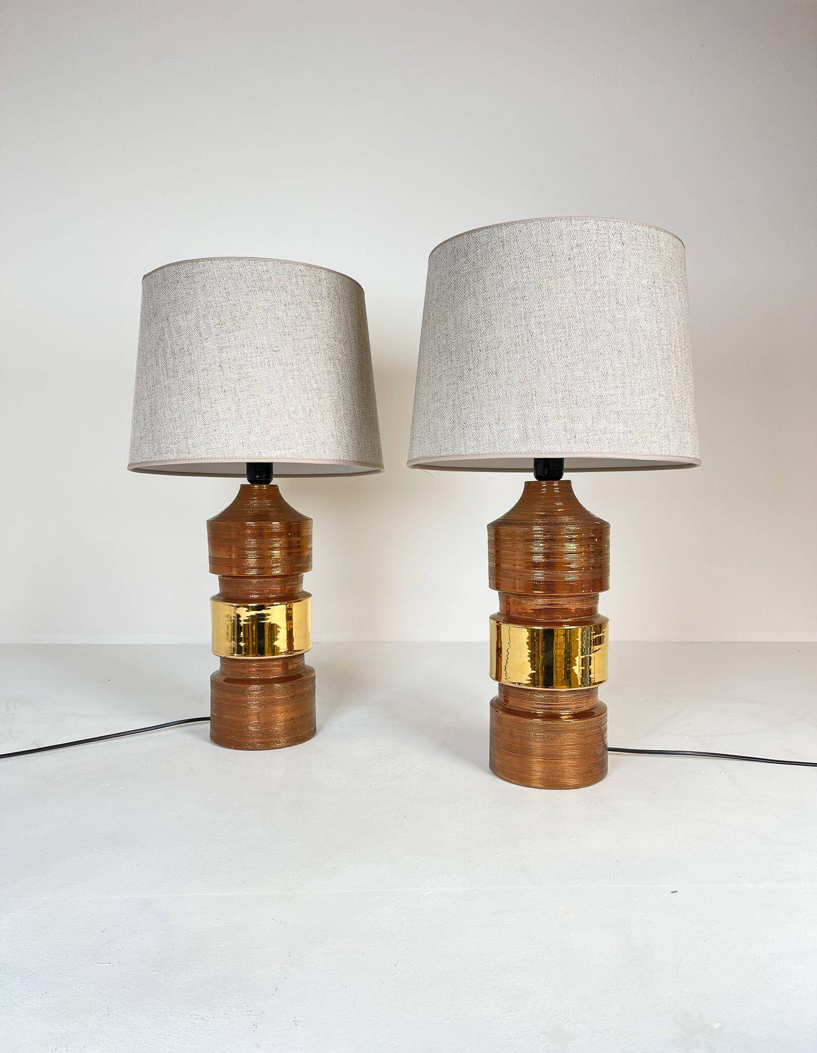 Pair of Bergboms Bitossi brass table lamps, large mid-century, 1960s, Sweden.