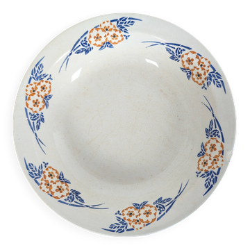 Shallow dish Hamage & Moulin des Loups, blue and orange floral stencil decoration.